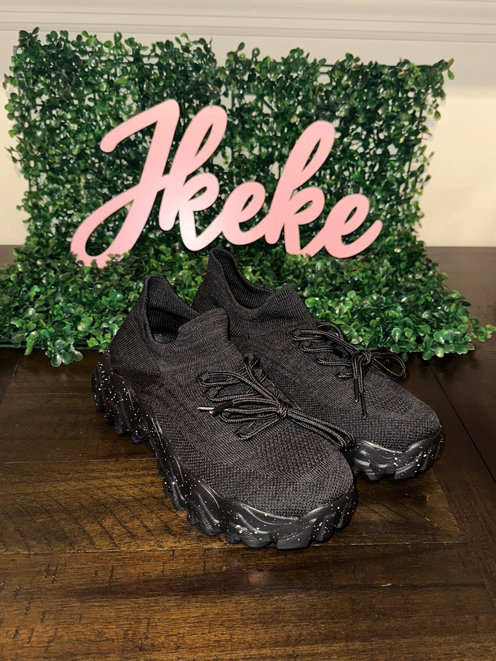 Women’s Black Knit Lace-Up Sneakers